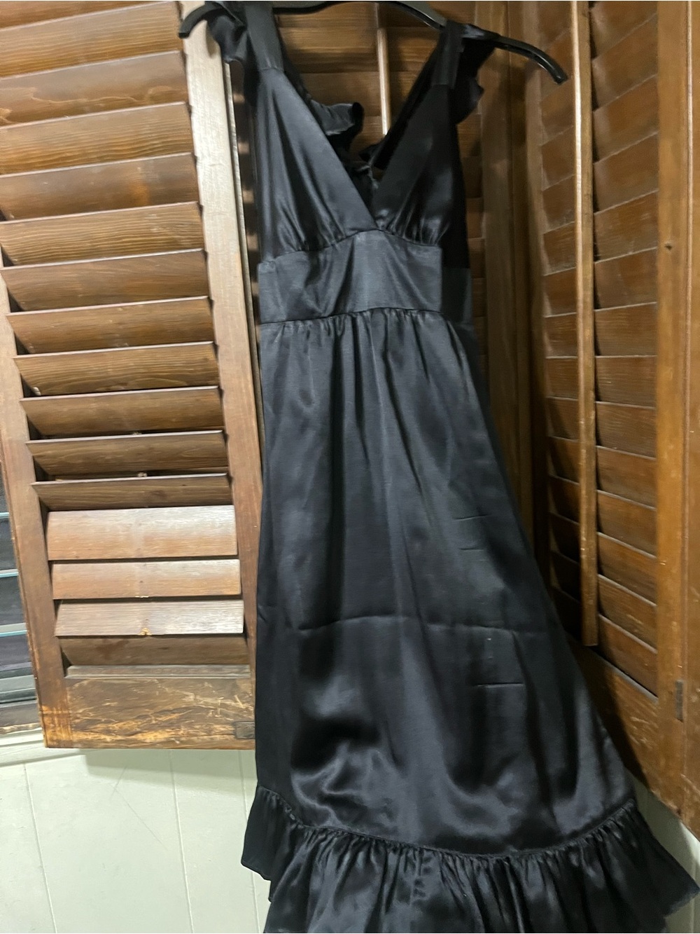 Black V-Neck Satin Midi Dress with Ruffle Hem